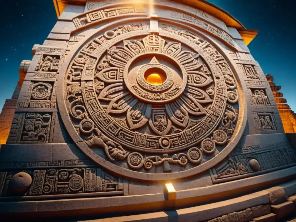 Detalles de las intricadas tallas en las paredes del observatorio maya, mostrando cuerpos celestes en alineación con la estructura