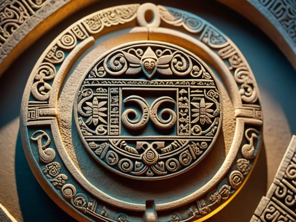 Detalles intrincados de un aro de piedra del antiguo Juego de Pelota Maya