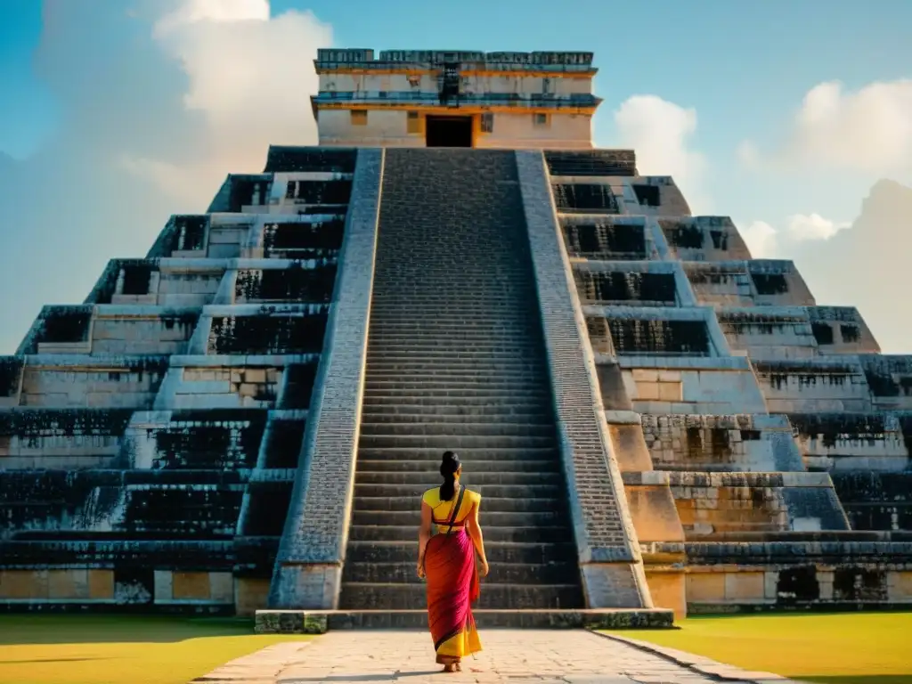 Detalles intrincados de la arquitectura maya en el Templo de Kukulcán, con sombras dramáticas por la luz solar