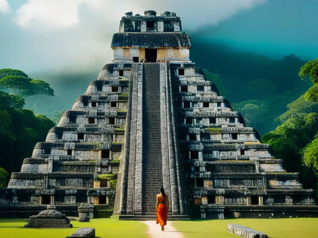 Detalles intrincados de la arquitectura maya en Caracol, con elaboradas esculturas y jeroglíficos en piedra bien conservada