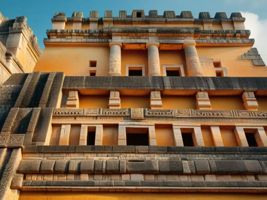 Detalles intrincados de la arquitectura maya en Uxmal: tallados en piedra resaltan con la luz dorada del atardecer