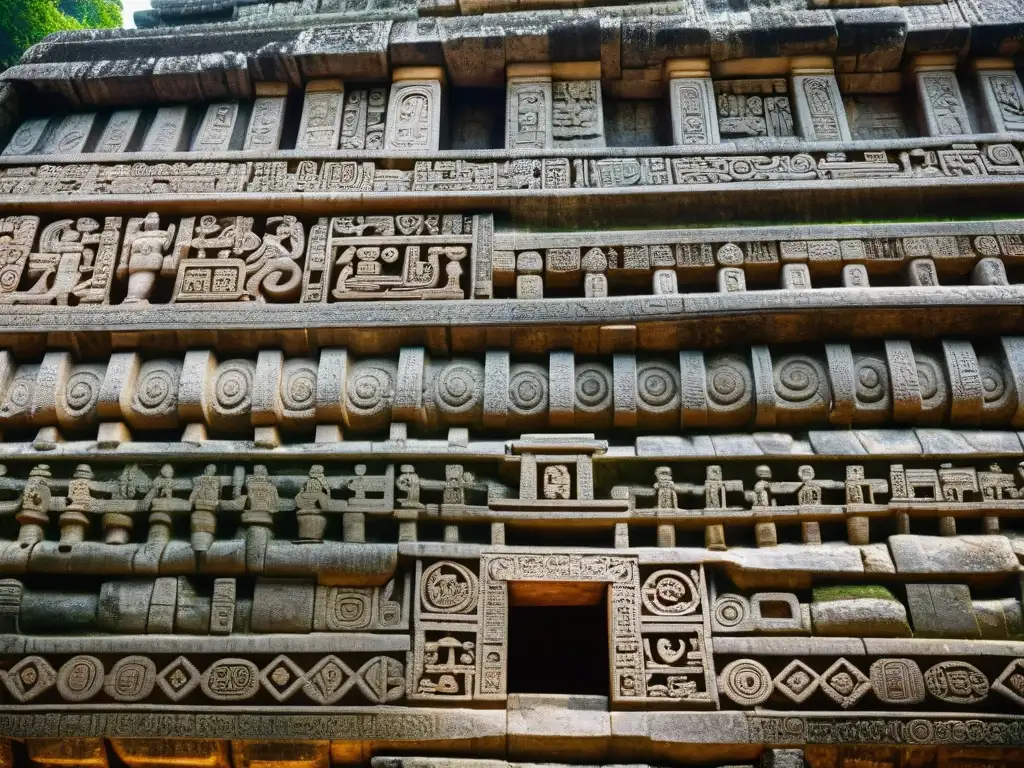 Detalles intrincados de la arquitectura maya y prácticas culturales en el Templo de las Inscripciones, Palenque, México