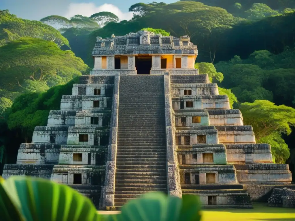 Detalles intrincados de la arquitectura de piedra caliza maya, con motivos simbólicos y naturaleza exuberante