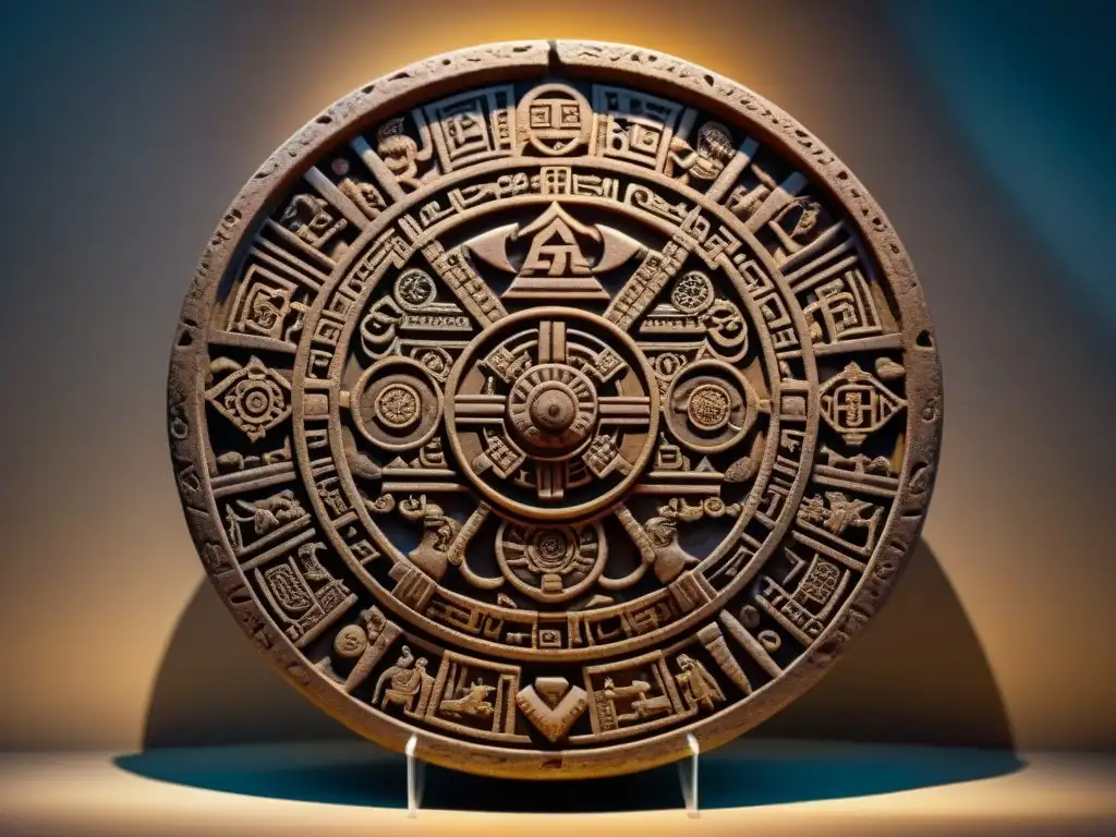 Detalles intrincados del calendario maya, con símbolos y glifos grabados meticulosamente