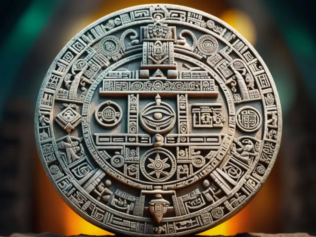 Detalles intrincados del calendario maya tradicional, símbolos y sabiduría ancestral