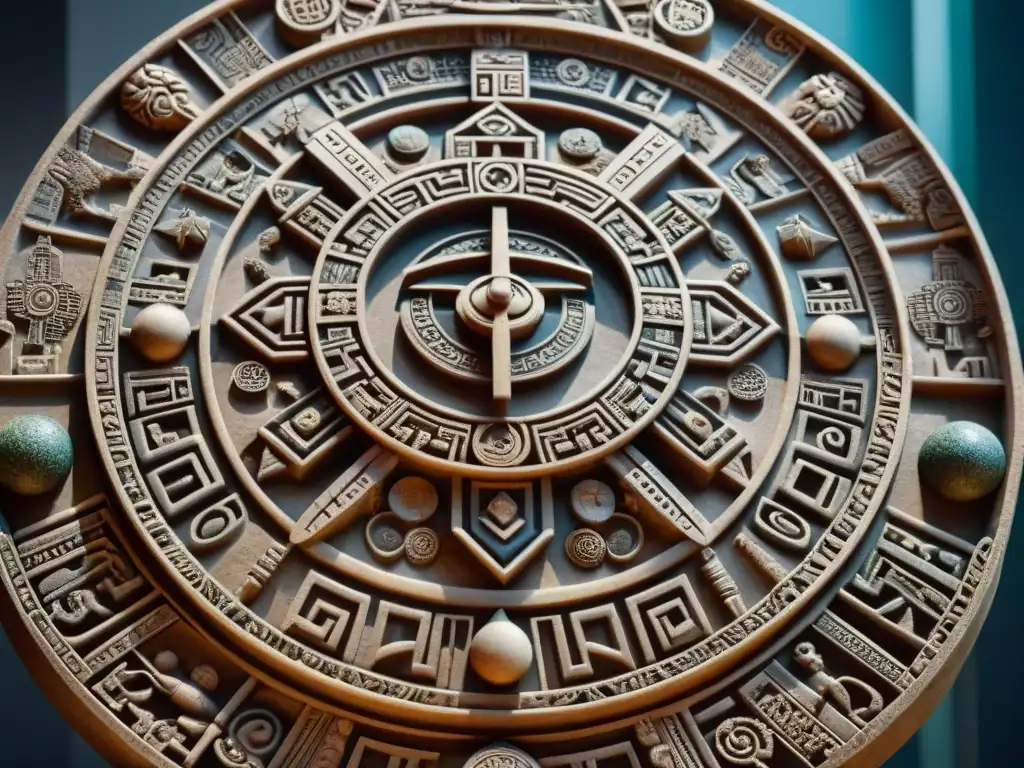 Detalles intrincados del calendario maya, símbolos y patrones geométricos en tallado de piedra