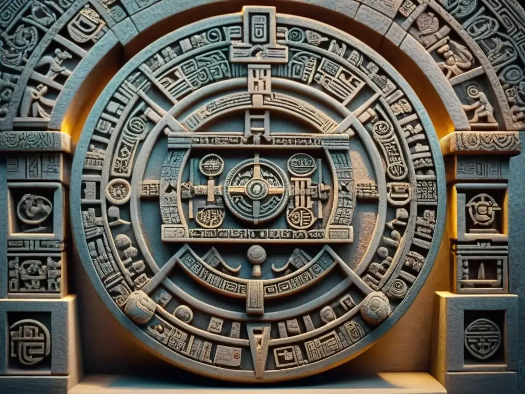 Detalles intrincados del Calendario maya y escritura: sistema tallados en piedra