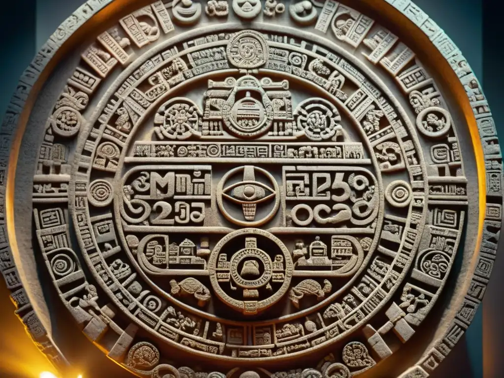 Detalles intrincados del calendario maya iluminados por el sol, significado ciclos concurrentes calendario maya