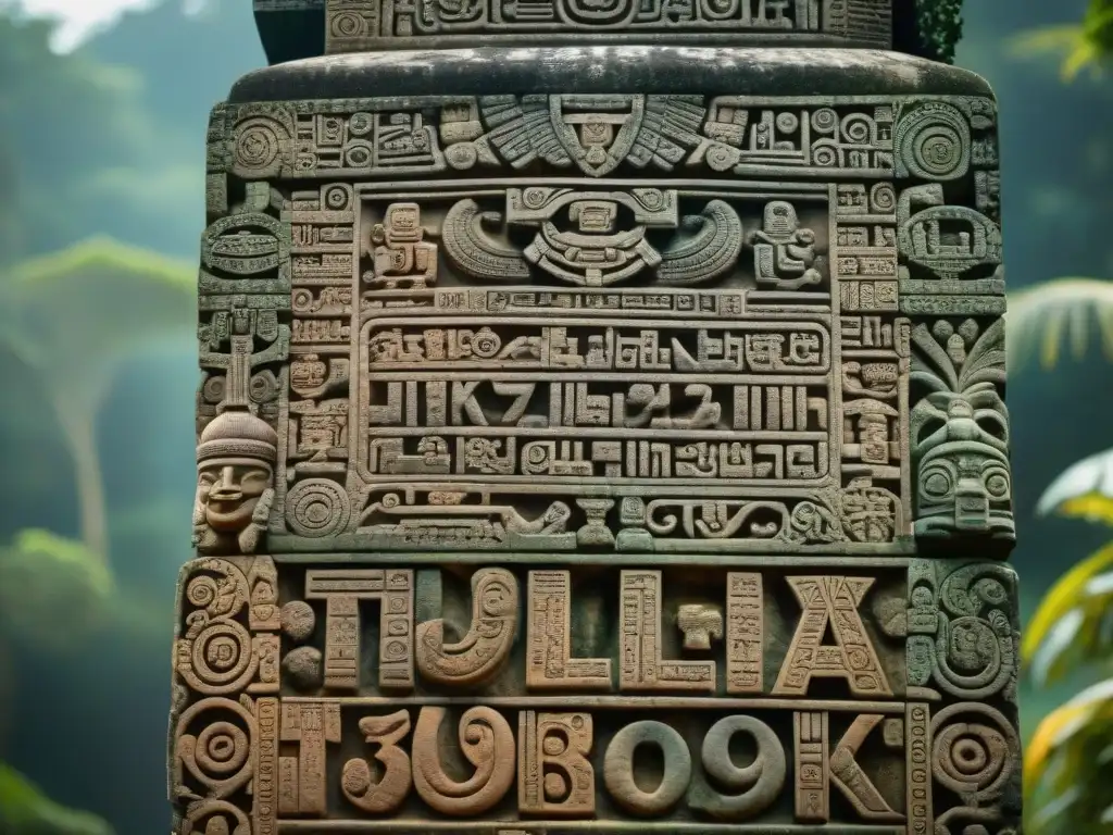 Detalles intrincados del calendario Tzolk'in en Tikal, simbolismo maya en piedra