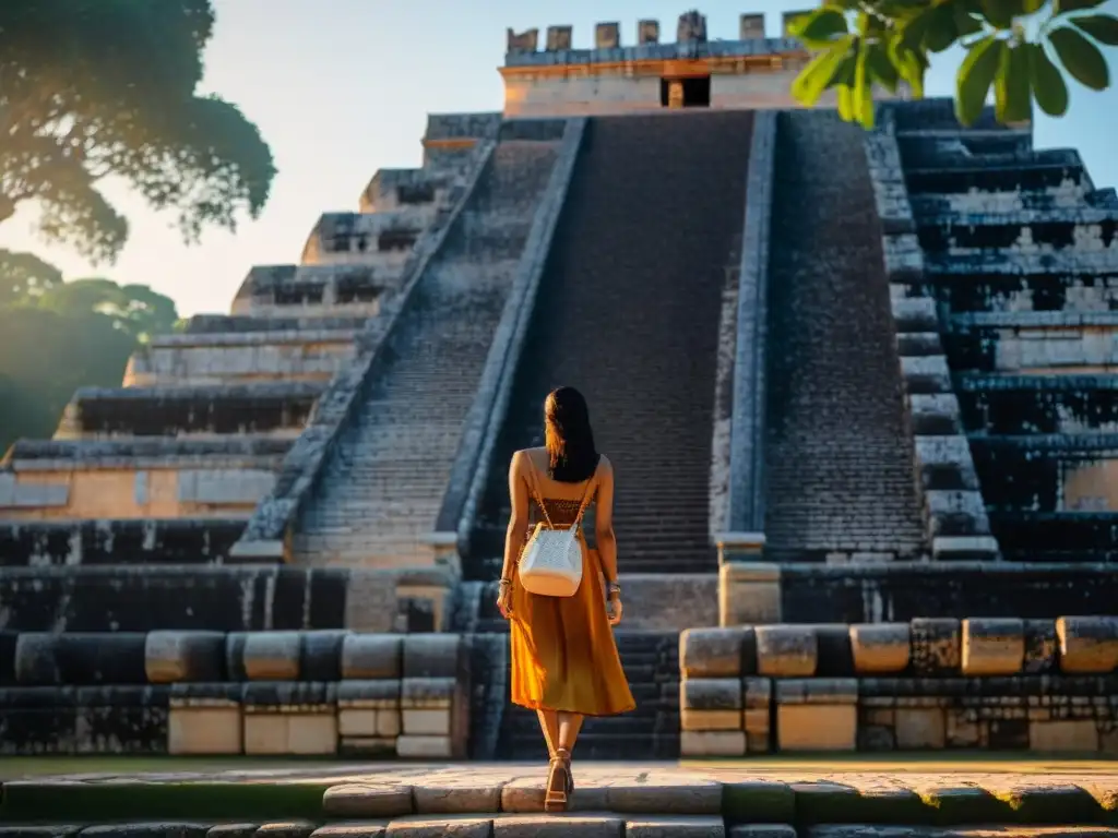 Detalles intrincados y durabilidad de los materiales de construcción mayas en el Templo de Kukulcán al atardecer en Chichén Itzá