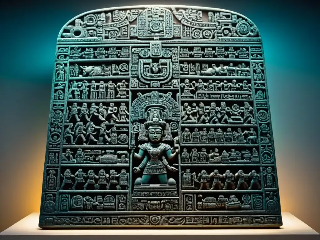 Detalles intrincados de una estela maya, mostrando el equilibrio en el arte maya