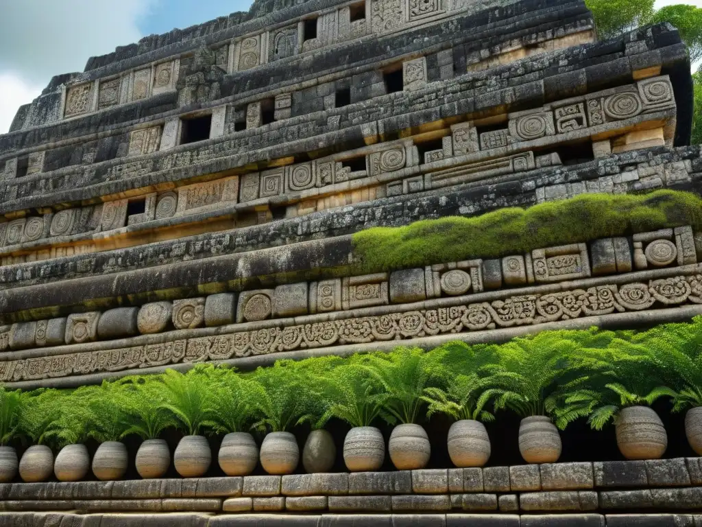 Detalles intrincados del estilo Puuc: patrones geométricos, mosaicos de piedra y tallas ornamentales en templos mayas