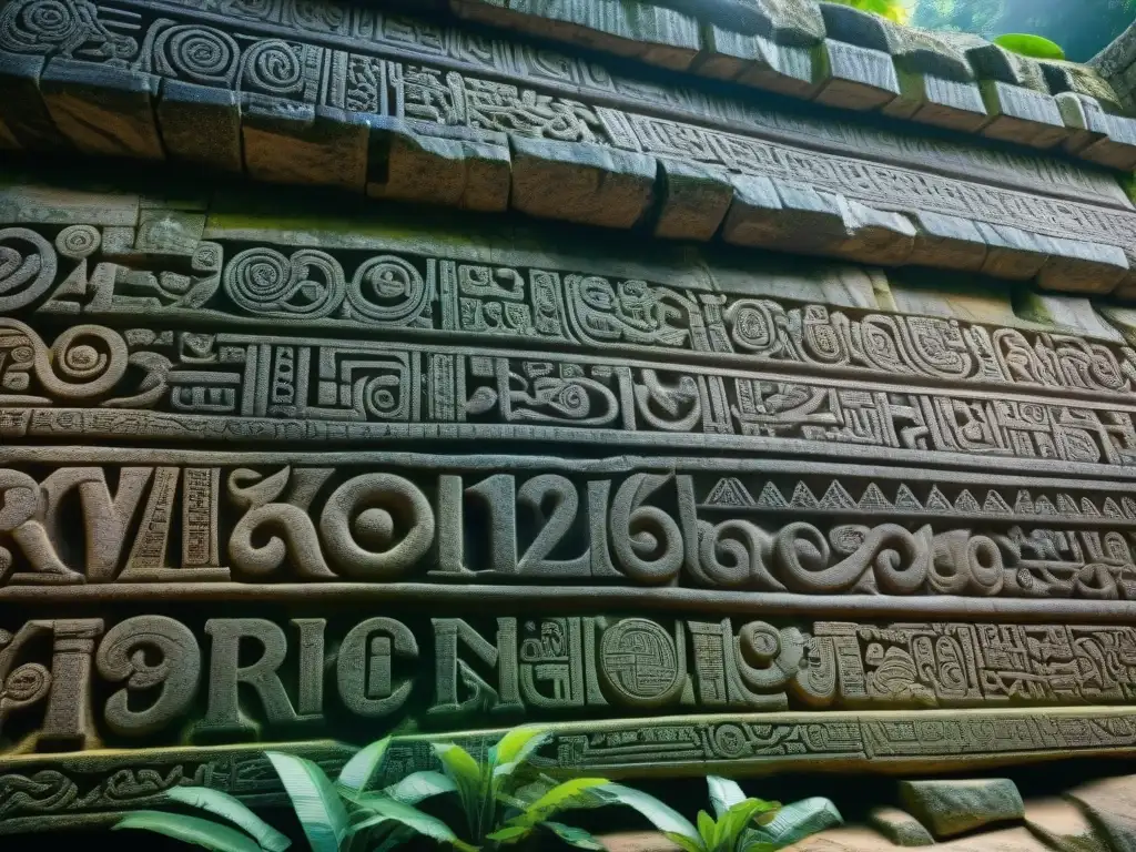 Detalles intrincados de los glifos mayas en el Templo de las Inscripciones, iluminados por luz natural