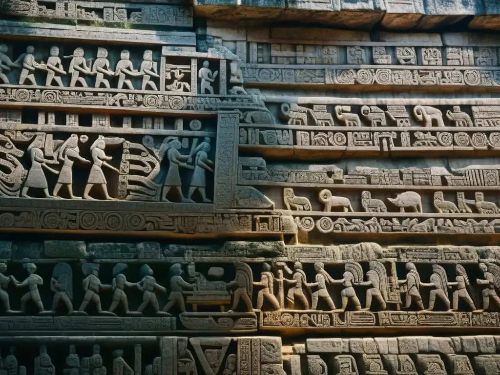 Detalles intrincados y jeroglíficos en el Templo de las Inscripciones en Palenque, México, revelan los significados ocultos de la arquitectura maya