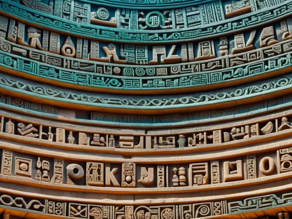 Detalles intrincados de los observatorios mayas en las Plazas Gemelas, reflejando su sabiduría astronómica y cultural