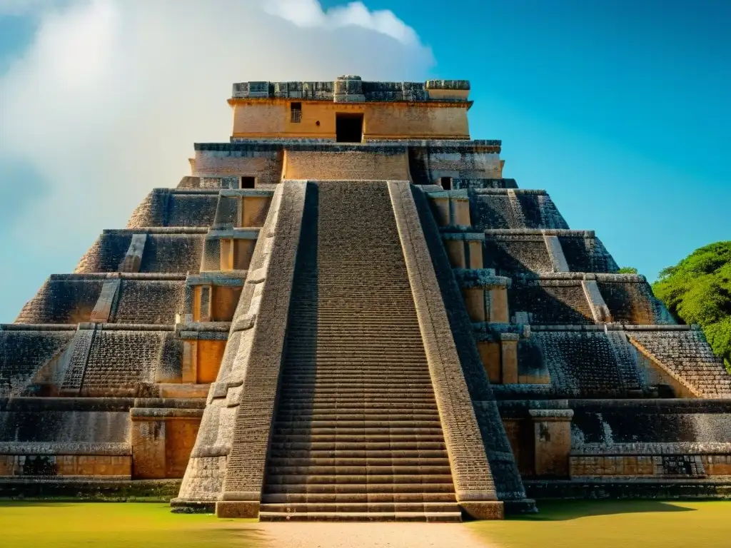 Detalles intrincados de la Pirámide del Adivino en Uxmal, destacando la herencia cultural maya turismo educativo