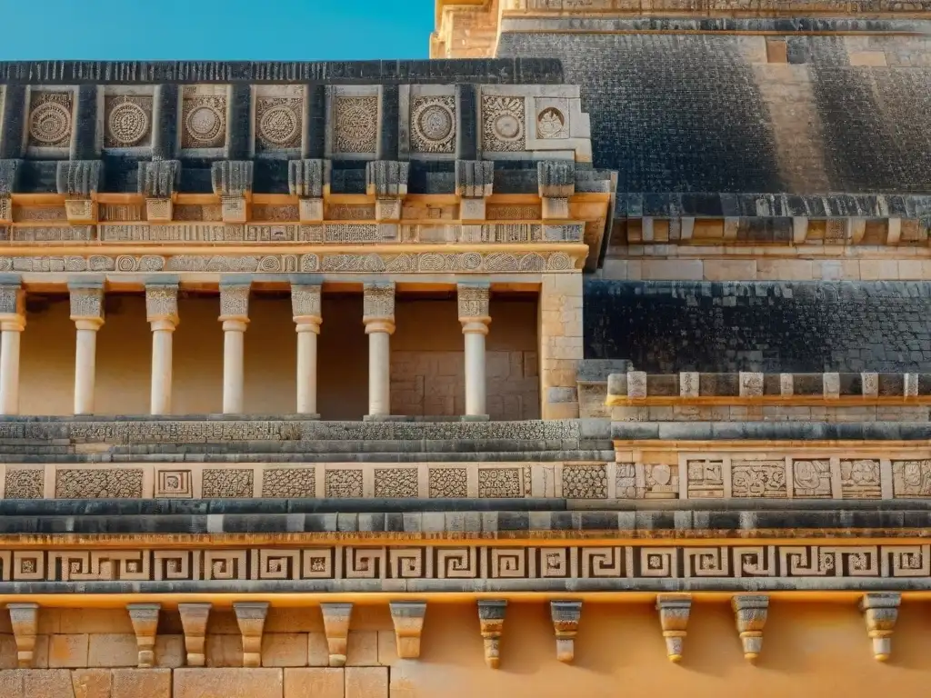 Detalles intrincados de las ruinas mayas en el Palacio del Gobernador en Uxmal, destacando la cultura y el turismo en la región de Puuc