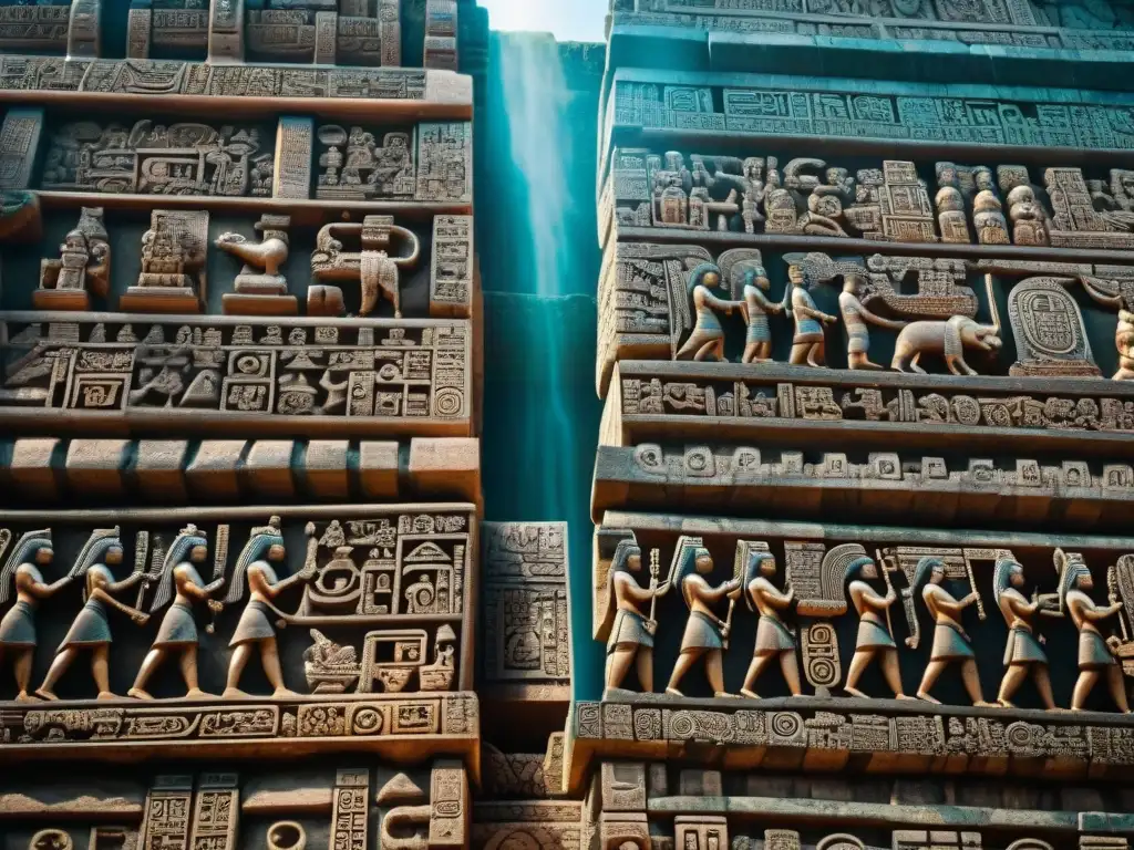 Detalles intrincados de los símbolos mayas en un mural, llenos de significado y misterio