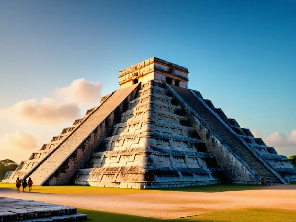 Detalles intrincados del Templo de Kukulcán en Chichén Itzá al atardecer, con turistas admirando la maravilla arquitectónica maya