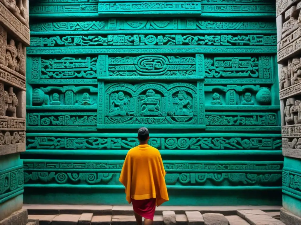 Detalles y jeroglíficos en templo Maya, vibrantes colores resaltan la brillantez arquitectónica