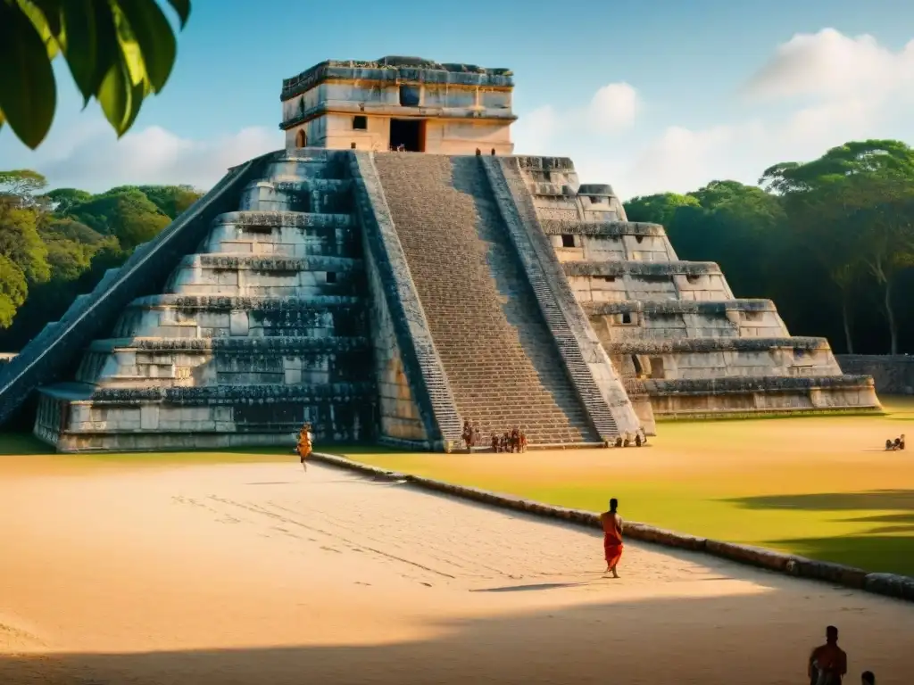 Detalles del juego de pelota maya en Chichen Itza con espectadores y jugadores, resaltando la importancia ritual