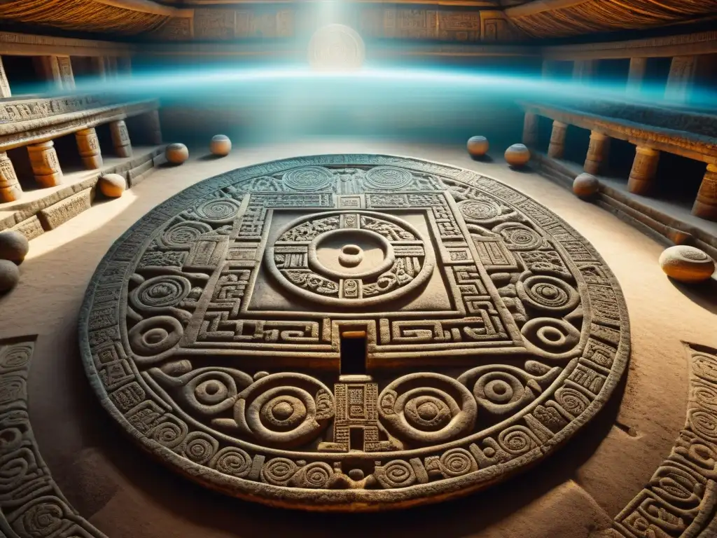 Detalles del juego de pelota maya: esculturas, anillos de piedra y jeroglíficos resaltan la conexión espiritual