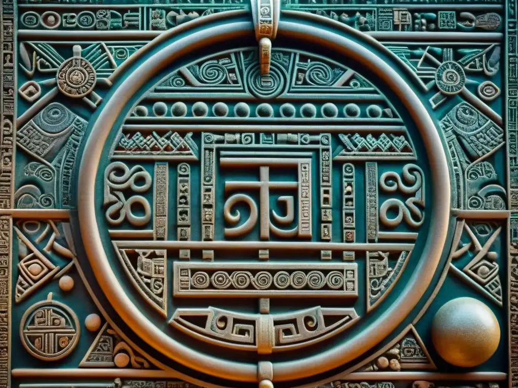 Detalles matemáticos en una antigua tabla maya tallada, bajo una suave luz natural