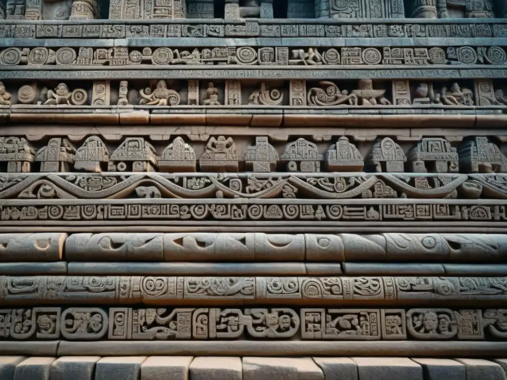 Detalles matemáticos y arte en la fachada de un templo maya, reflejando la sofisticación de la Cultura Maya y Culturas Precolombinas