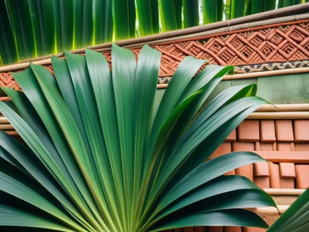 Detalles de materiales sostenibles en arquitectura maya: hojas de palma tejidas con azulejos de arcilla en la selva