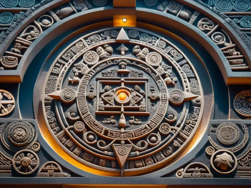 Detalles mayas de astronomía en la cosmología Maya, con símbolos celestiales iluminados por un rayo de sol