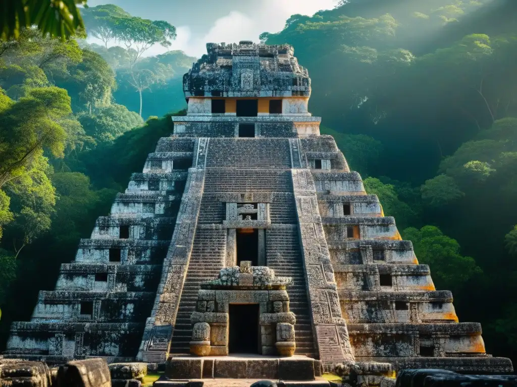 Detalles mayas en estelas de Calakmul, con juego de luz en la selva y ruinas cubiertas de musgo