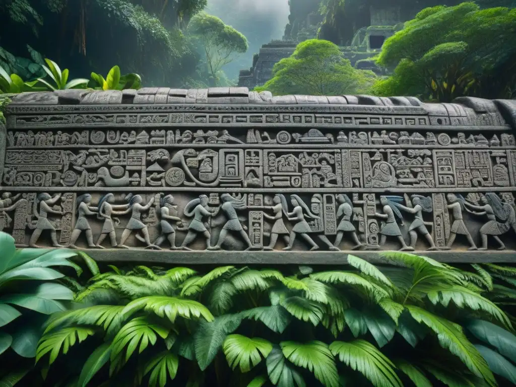 Detalles mayas del legado gemelos Hunahpú e Ixbalanqué en piedra, evocando su valentía y astucia entre ruinas antiguas y selva exuberante