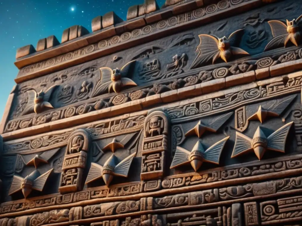 Detalles mayas: murciélagos nocturnos en el cielo estrellado, reflejando la cosmovisión maya