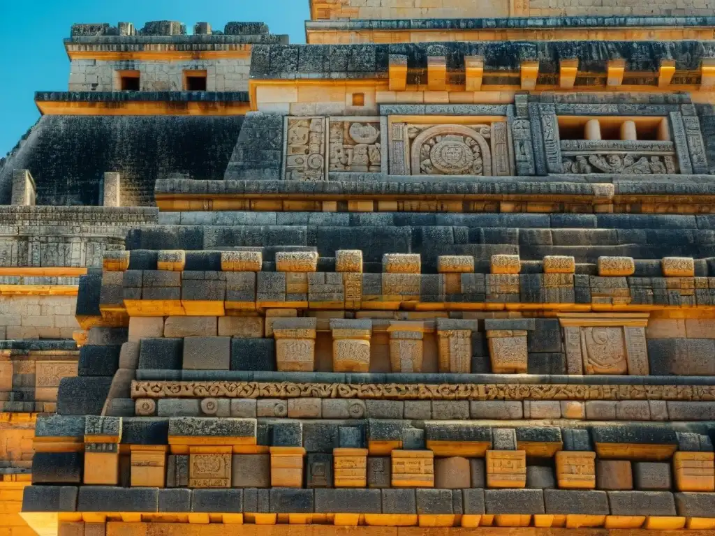 Arte maya en Palacio del Gobernador de Uxmal Detalles mayas en las paredes del Palacio del Gobernador en Uxmal, reflejando la vida en la cultura maya con elegancia