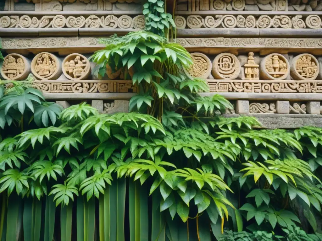 Detalles mayas: símbolos vegetales tallados en piedra con enredaderas verdes