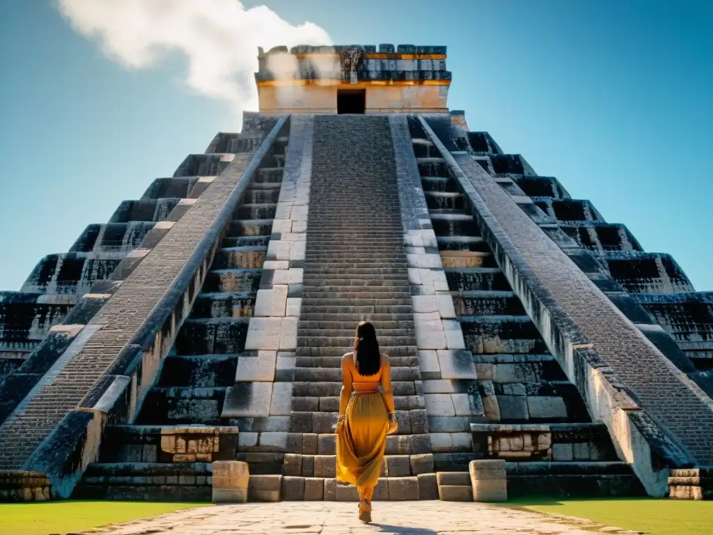 Detalles mayas en el Templo de Kukulcán, resaltando historia y cultura maya con visitantes admirando la grandeza