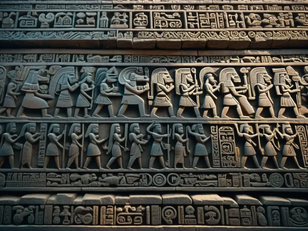 Detalles místicos de la arquitectura estelar civilización maya en jeroglíficos tallados en piedra