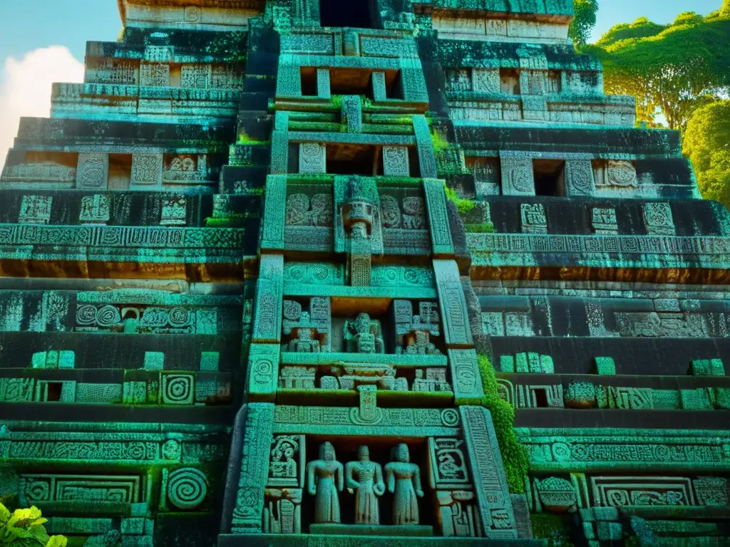 Detalles místicos en la fachada del templo maya de Tikal, con sombras que resaltan los Significados ocultos en la arquitectura maya