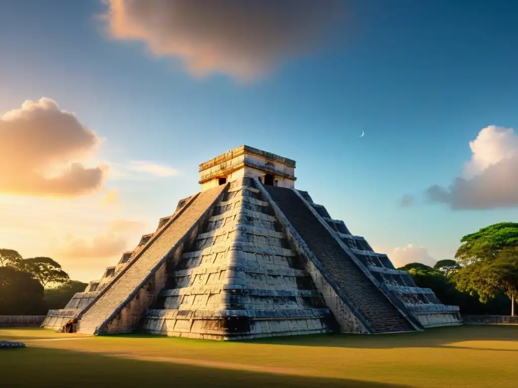 Detalles de la observación astronómica en edificaciones mayas en Chichen Itza al atardecer del solsticio, con símbolos celestiales y selva de fondo