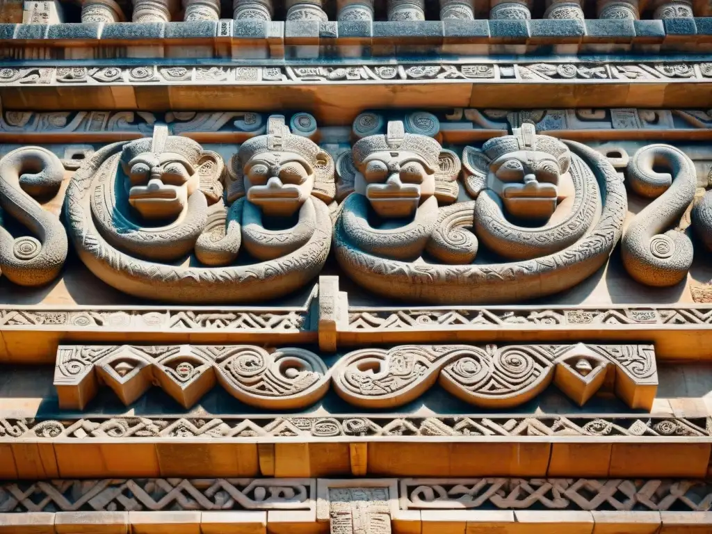 Detalles de piedra en la arquitectura y astronomía maya de Uxmal, iluminados por la tarde