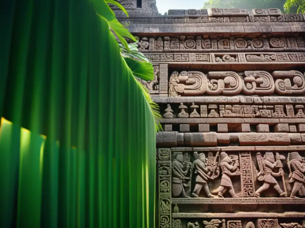 Detalles de piedra y glifos en templo Maya bien conservado, resaltando durabilidad y materiales de construcción mayas