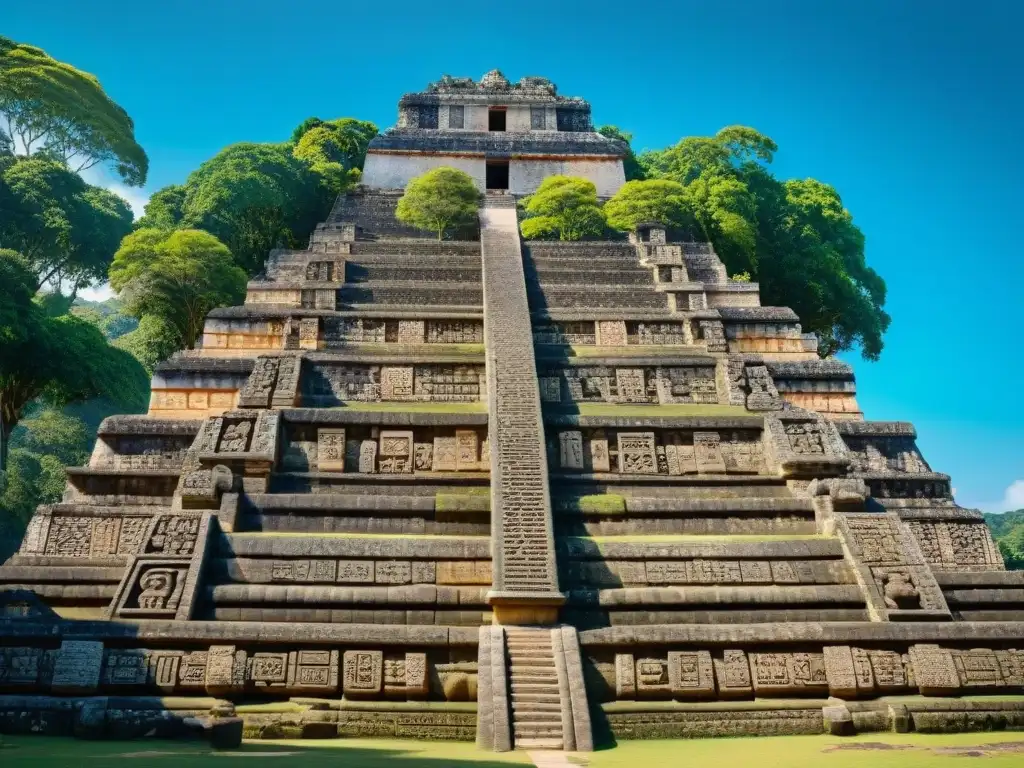 Detalles en piedra y jeroglíficos en Copán, con un fondo de exuberante vegetación y cielo azul