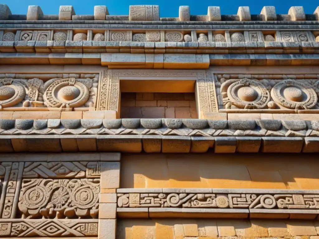 Detalles de piedra del Palacio del Gobernador en Uxmal, mostrando la maestría maya