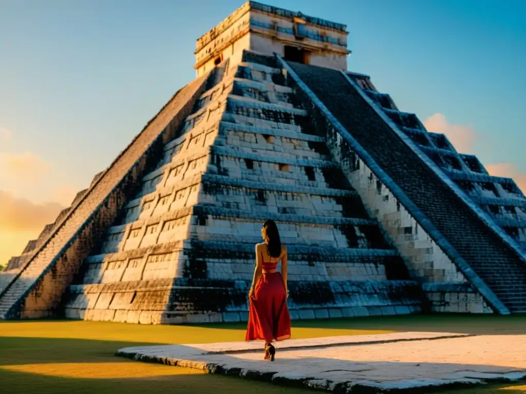 Detalles en piedra del Templo de Kukulkán en Chichén Itzá al amanecer, Turismo cultural en la civilización maya