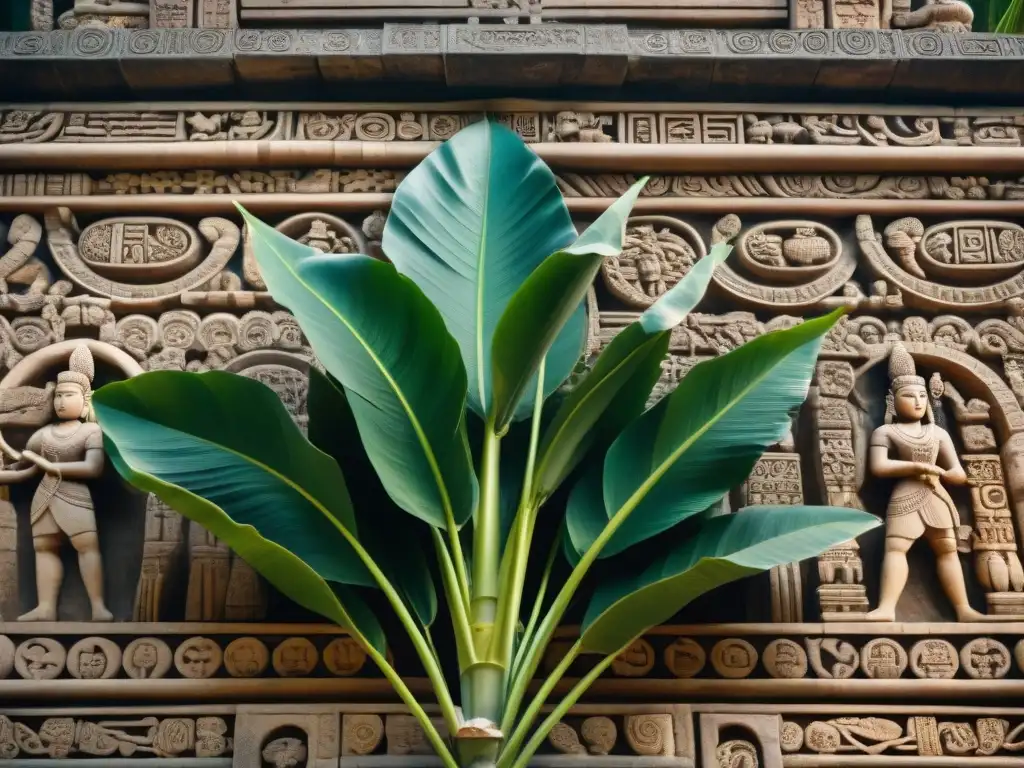 Detalles preciosos de símbolos vegetales mayas en la arquitectura de un templo majestuoso