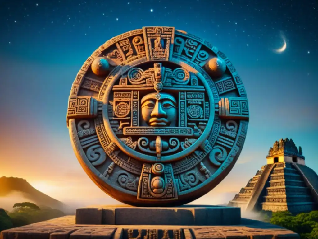 Detalles precisos del Calendario maya en conexión cósmica, bajo un cielo estrellado