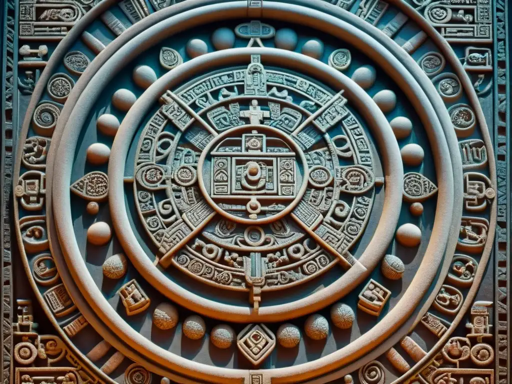 Detalles precisos del calendario Maya, mostrando símbolos y artesanía elaborada