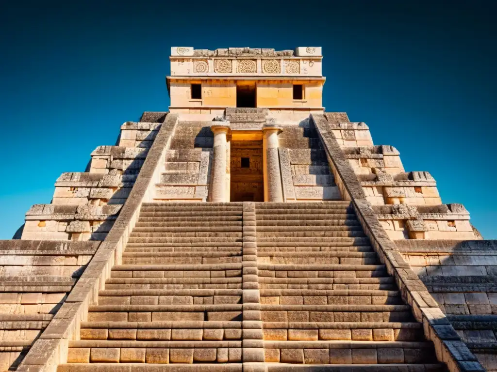 Detalles precisos de las complejas tallas en el observatorio astronómico maya en Chichén Itzá, destacando su uso astronómico en edificaciones mayas