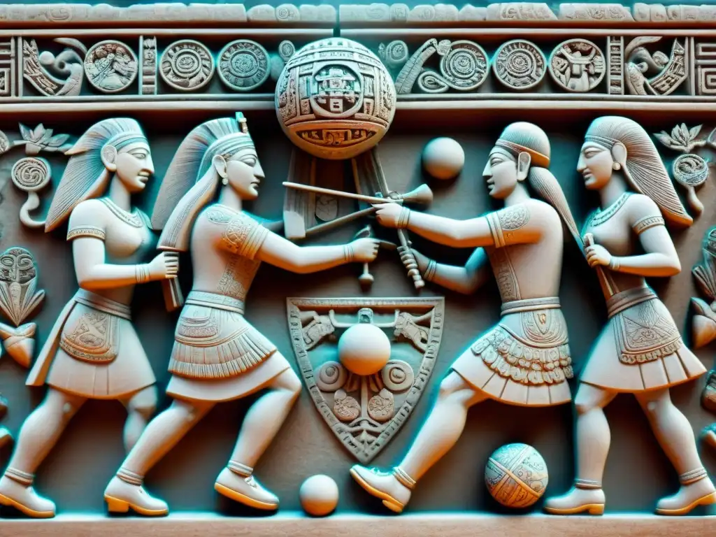 Detalles rituales en tallado de piedra de juegos de pelota maya ritual con expresiones intensas y símbolos cosmogónicos