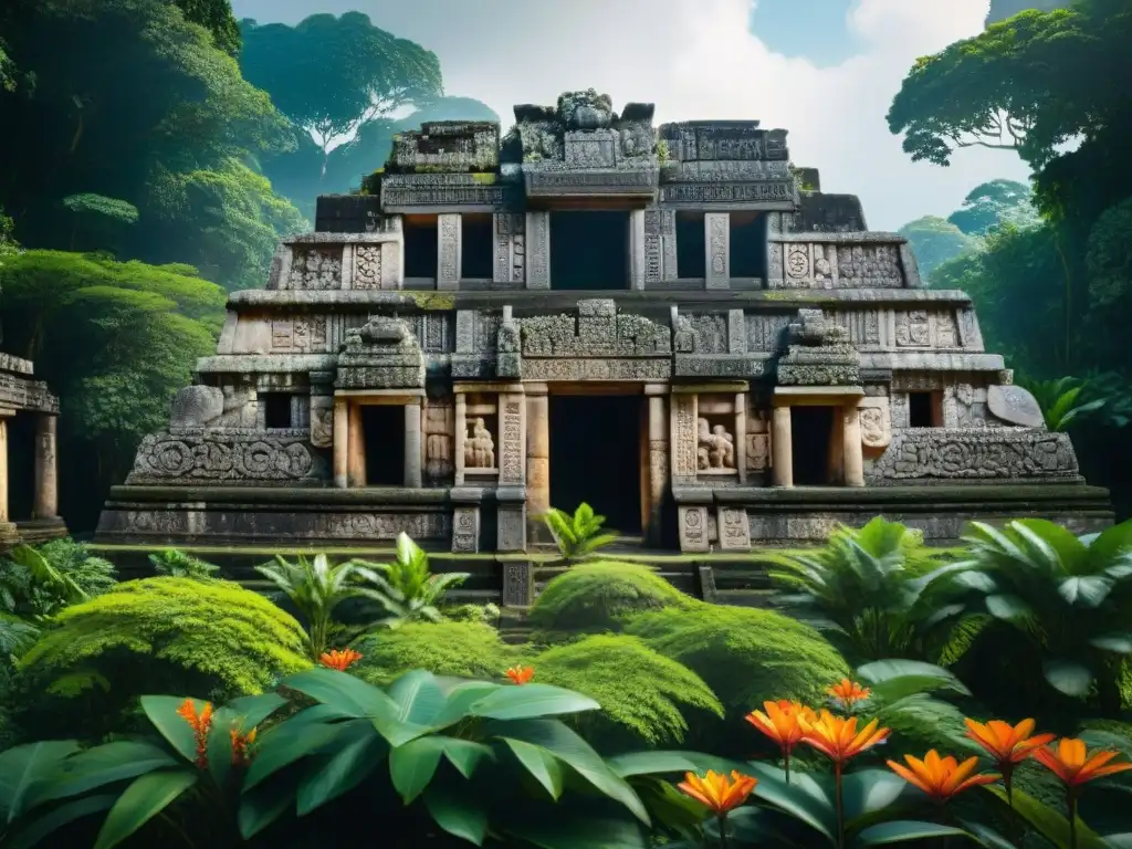 Detalles de las ruinas mayas en Cancuén, reflejando su belleza resplandeciente entre la exuberante vegetación tropical